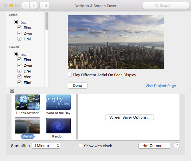aerial screensaver konfiguration